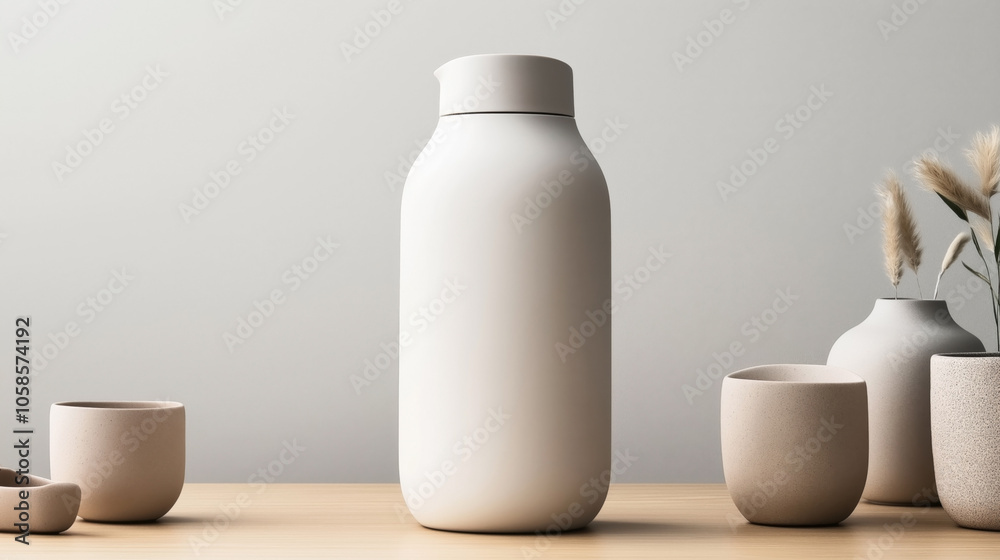 Minimalist ceramic tea set with large thermos bottle, cups, and decorative vases on wooden table in neutral tones Minimalist ceramic tea set with large thermos bottle, cups, and decorative vases on wooden table in neutral tones