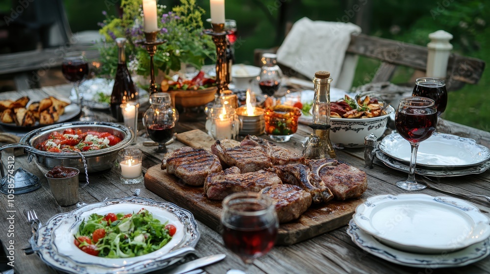 Grilled Meats, Salad and Wine on a Rustic Table Grilled Meats, Salad and Wine on a Rustic Table