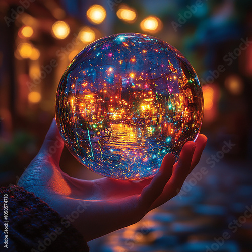 A hand holds a crystal ball, showcasing an inverted city view. It is vibrant with red, blue, and orange lights, evoking wonder and possibility.

