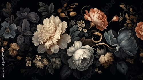 Wallpaper Mural Vintage floral bouquet with elegant baroque style on black background, beautiful old-fashioned flowers in rich colors, romantic botanical arrangement for wallpaper or greeting card design
 Torontodigital.ca