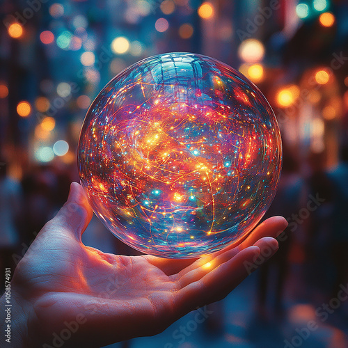 A hand holds a crystal ball, showcasing an inverted city view. It is vibrant with red, blue, and orange lights, evoking wonder and possibility.


