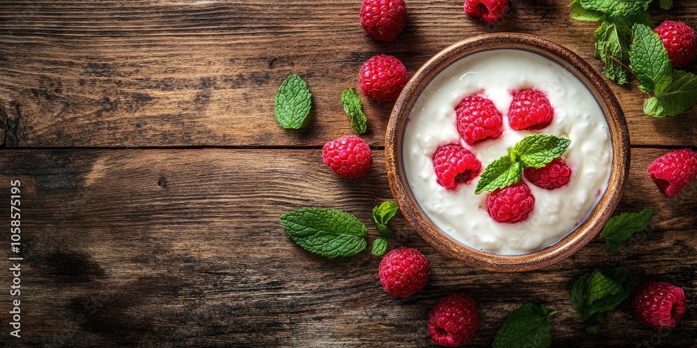A bowl of yogurt topped with fresh raspberries and mint leaves sits on a rustic wooden table, showcasing a healthy food idea with ample space for text.