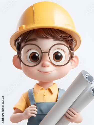 Cheerful and Friendly Cartoon Style 3D of a Young Boy Dressed as a Construction Worker Holding Blueprints and Wearing a Hard Hat Representing the Engineering and Building Industry Professions