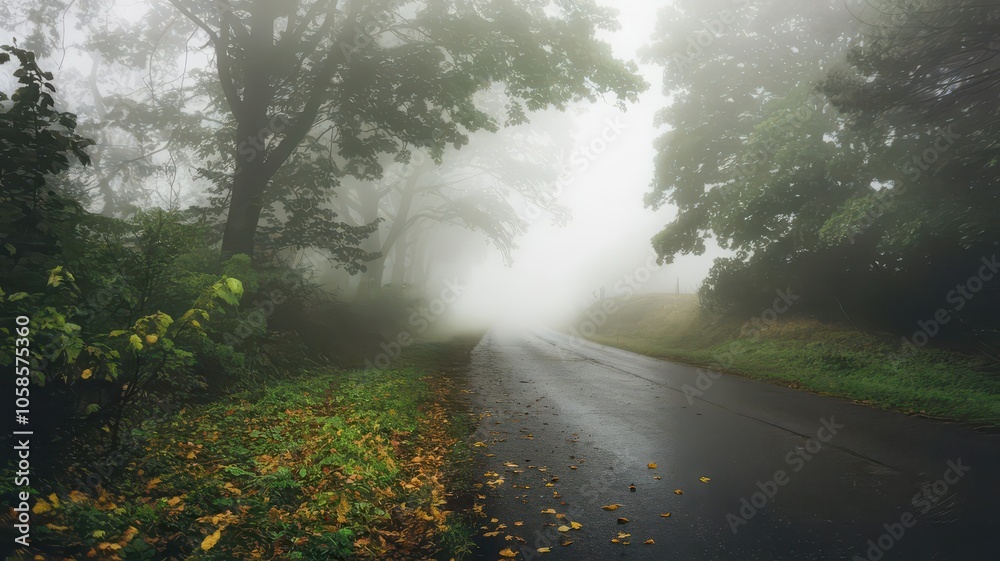 Fog on the road with nature isolated background view. Foggy road street with trees plants leaves. winter smog road with loneliness backgrond wallpaper Fog on the road with nature isolated background view. Foggy road street with trees plants leaves. winter smog road with loneliness backgrond wallpaper