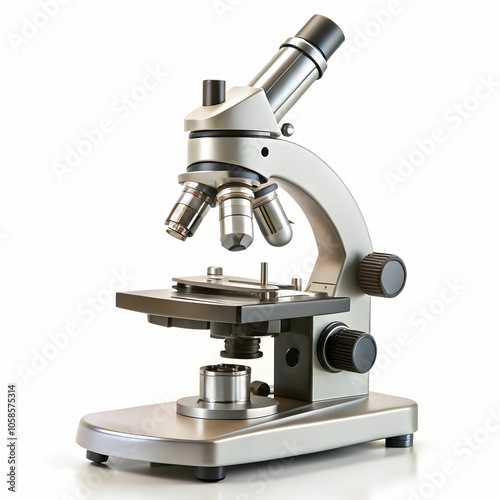 A sleek, modern microscope standing upright,