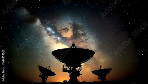 Radio telescope dish against a starry night sky with the Milky Way galaxy with copy space photo