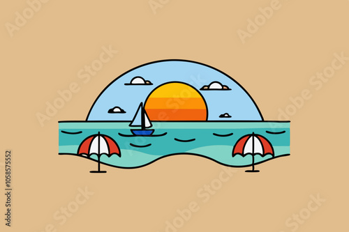 Cartoon Sunset Ocean Scene: Waves, Sandy Beach, and Silhouetted Sailboat