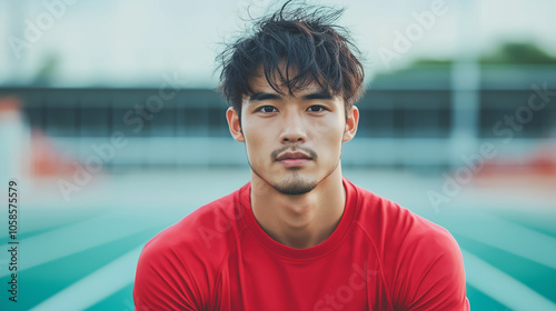 An asian man on the running track, looking directly at the camera. It’s a full-body shot taken in the morning, Generative AI