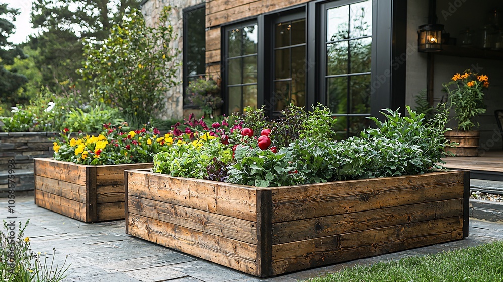 Naklejka premium Raised Garden Beds with Wooden Planters: Backyard Garden Design Ideas
