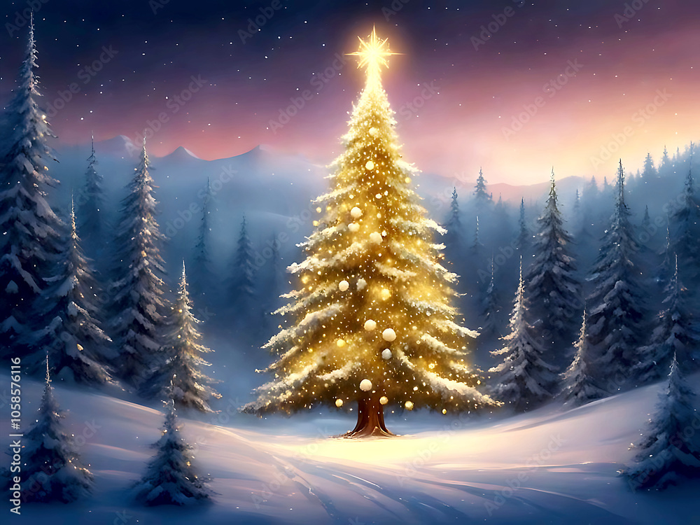 Illuminated Christmas tree in a snowy forest, decorated with lights and topped with a star, creating a serene winter holiday scene. Drawing in soft colors. Illuminated Christmas tree in a snowy forest, decorated with lights and topped with a star, creating a serene winter holiday scene. Drawing in soft colors.