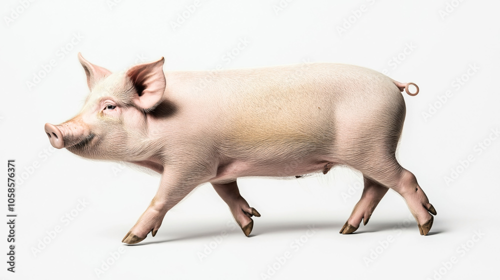 Fototapeta premium A side view of a realistic pink pig walking on a white background, showcasing its trotters and curled tail.
