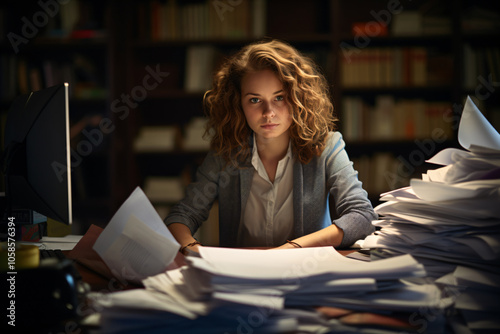 Depressed women drowning in mountains of paper documents