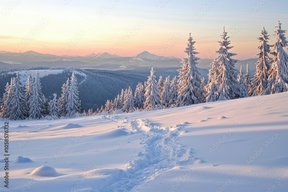 A serene winter landscape featuring snow-covered trees and a sunset in the background, creating a peaceful atmosphere. A serene winter landscape featuring snow-covered trees and a sunset in the background, creating a peaceful atmosphere.