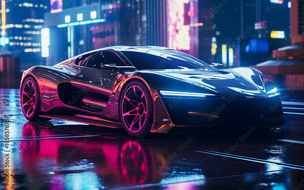 Sleek electric sports car glows in neon-lit cyberpunk night city Sleek electric sports car glows in neon-lit cyberpunk night city