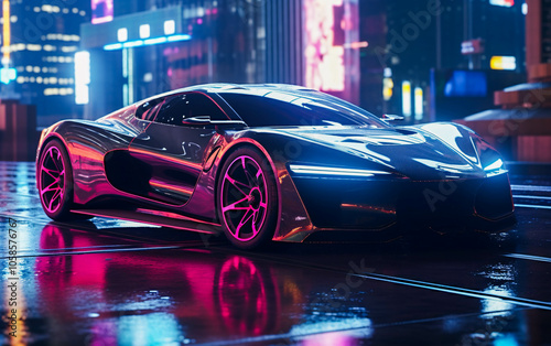 Sleek electric sports car glows in neon-lit cyberpunk night city