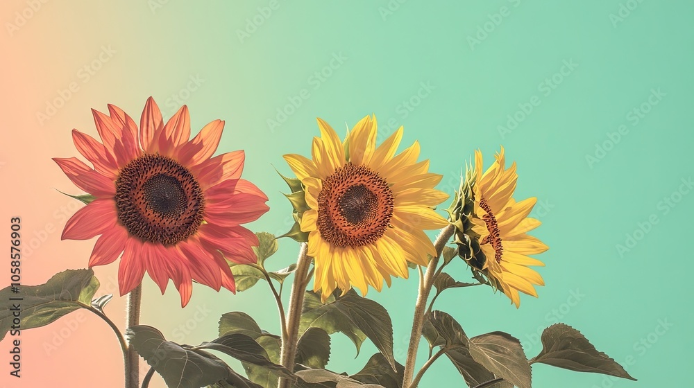 Obraz premium Four vibrant sunflowers against a green and light pink background create a lively scene. This sunflower composition provides ample copy space for text or branding.
