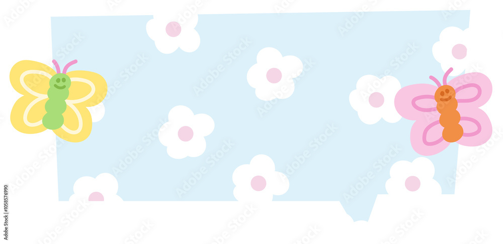 Pastel blue text bubble with butterfly and flower pattern background for cartoon, comic, dialogue, chat, speech, communication, sticker, social media, decoration, floral print, animal, blossom Pastel blue text bubble with butterfly and flower pattern background for cartoon, comic, dialogue, chat, speech, communication, sticker, social media, decoration, floral print, animal, blossom