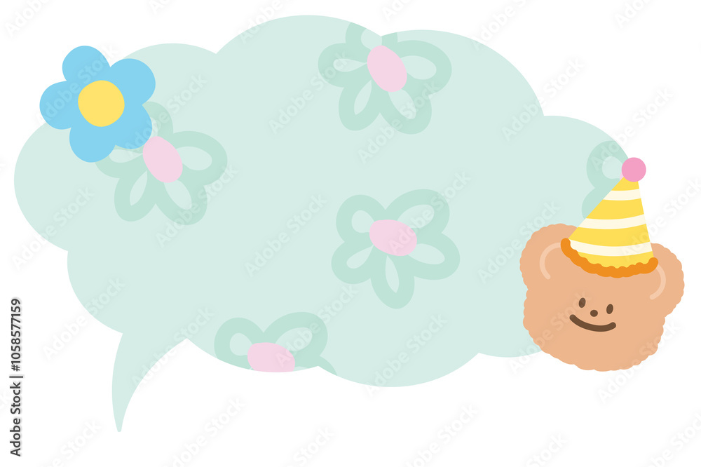 Illustration of pastel green text bubble with teddy bear, party hat, flower for cartoon, comic, dialogue, chat, speech, communication, sticker, social media, decoration, floral print, animal, zoo Illustration of pastel green text bubble with teddy bear, party hat, flower for cartoon, comic, dialogue, chat, speech, communication, sticker, social media, decoration, floral print, animal, zoo