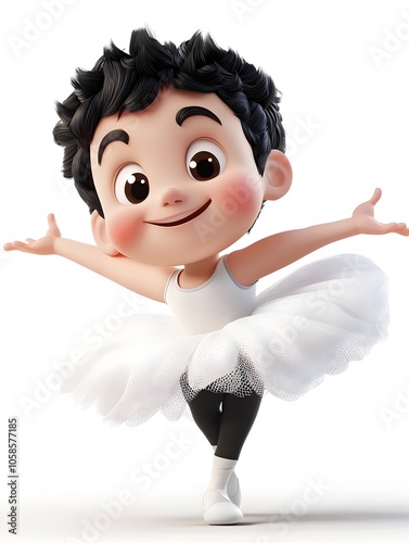 Energetic cartoon style image of a young boy dressed as a ballet dancer performing a graceful dance with a cheerful enthusiastic expression on his face  The figure is full of movement energy