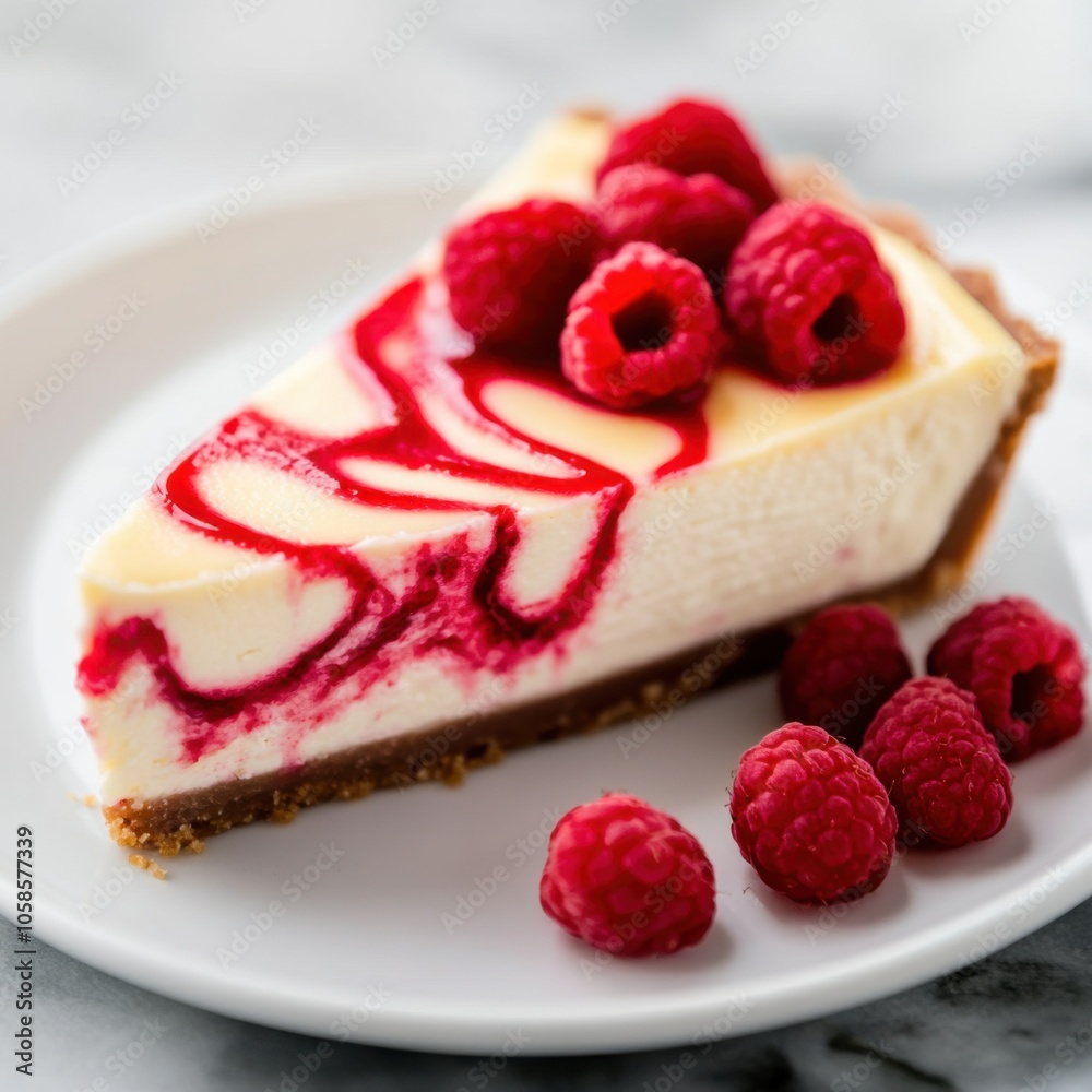 A decadent white chocolate raspberry cheesecake with a buttery crust and a swirl of raspberry sauce, served on a white plate, Raspberry cheesecake centered A decadent white chocolate raspberry cheesecake with a buttery crust and a swirl of raspberry sauce, served on a white plate, Raspberry cheesecake centered