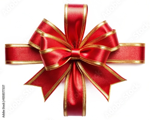 a red bow with gold trim is tied with a red ribbon.