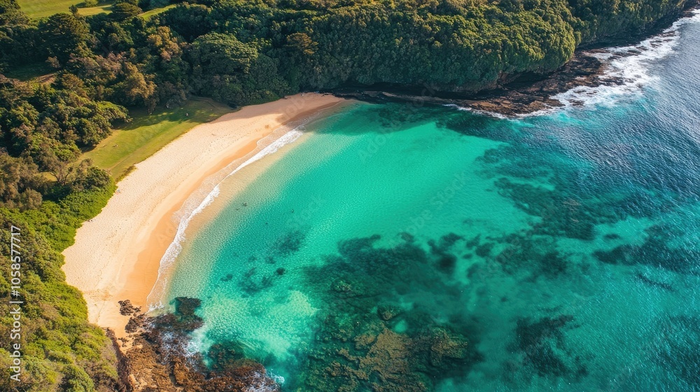 Obraz premium Aerial perspective of a stunning turquoise green beach, creating a summer background perfect for travel concepts. This turquoise green beach captures the essence of summer.