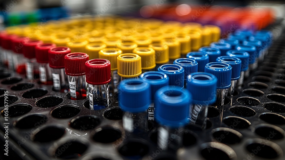 Obraz premium Colorful Test Tubes in a Laboratory Rack - Medical Research Equipment