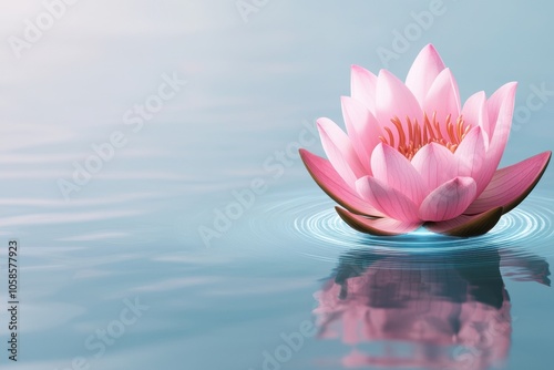 Pathway to spiritual enlightenment concept. A serene pink lotus flower floats gracefully on calm waters creating a peaceful ambiance