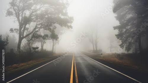 Fog on the road with nature isolated background view. Foggy road street with trees plants leaves. winter smog road with loneliness backgrond wallpaper