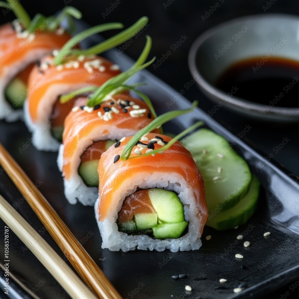 A delicate arrangement of sushi rolls including salmon, avocado, and cucumber A delicate arrangement of sushi rolls including salmon, avocado, and cucumber