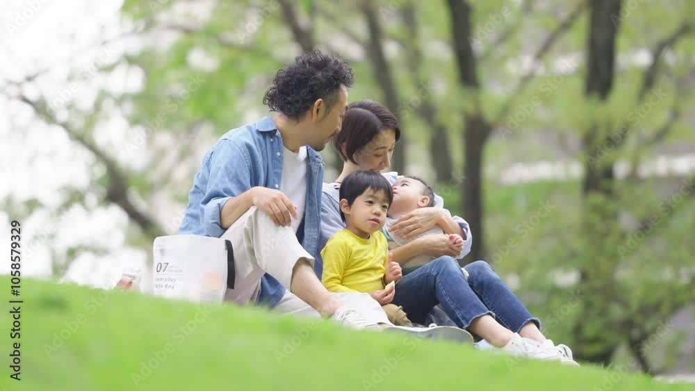 公園でピクニックする家族	
