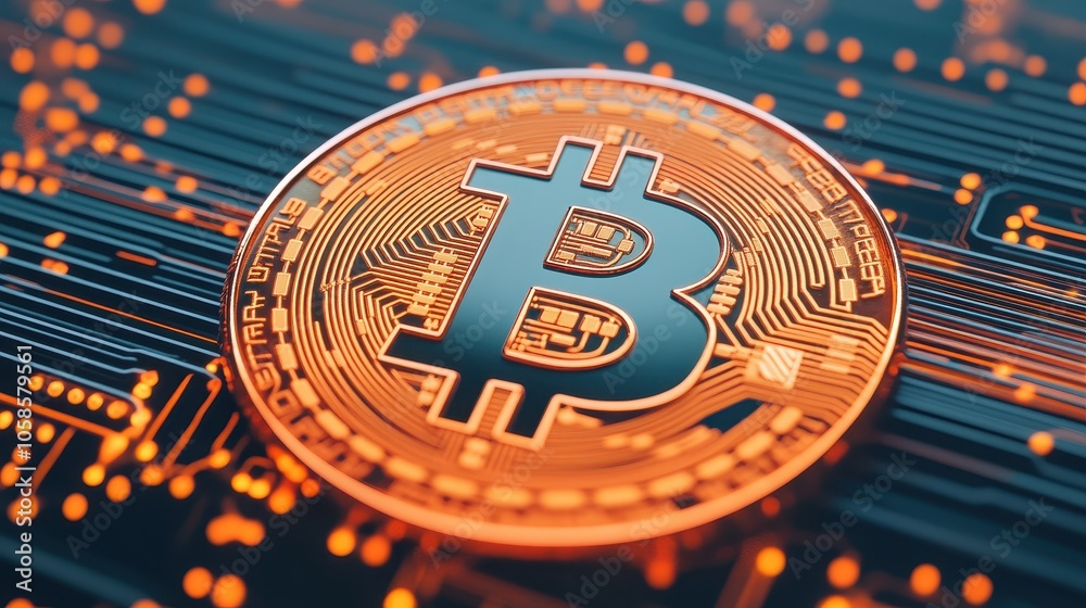 A close-up view of a Bitcoin symbol with a digital background, representing cryptocurrency and technological advancement. A close-up view of a Bitcoin symbol with a digital background, representing cryptocurrency and technological advancement.
