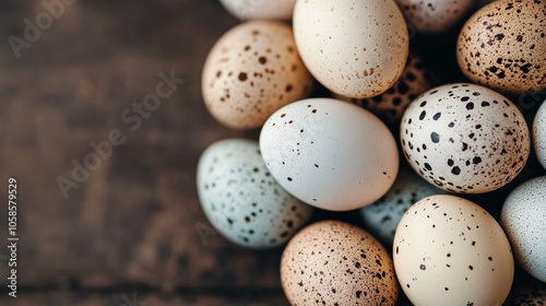 A close-up of various speckled eggs arranged on a rustic wooden surface, showcasing natural textures and colors.