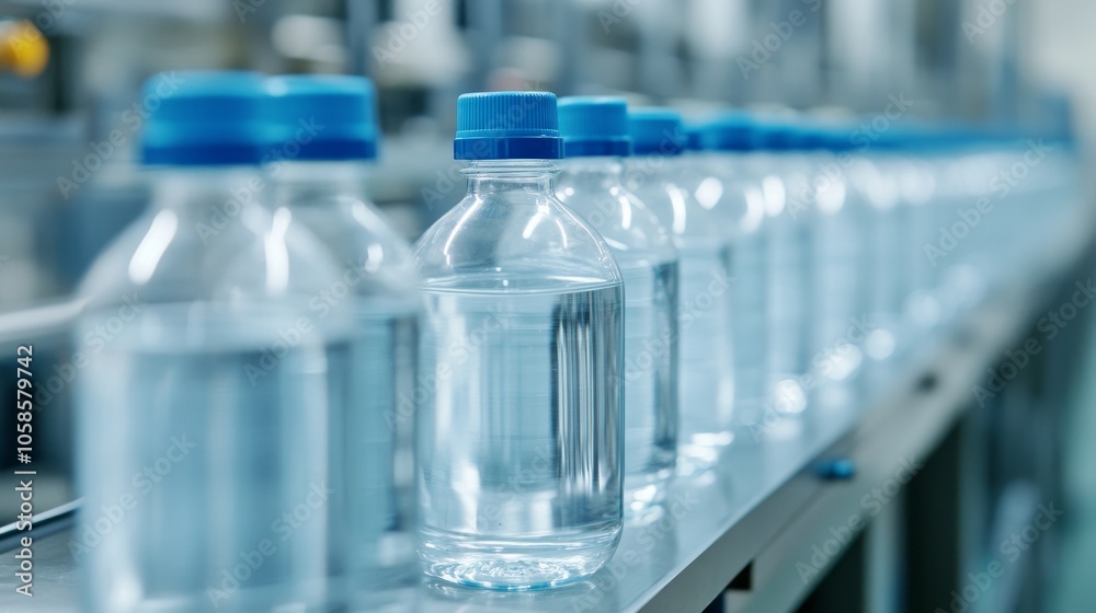 A close-up view of clear water bottles lined up on a production line, showcasing the manufacturing process and branding. A close-up view of clear water bottles lined up on a production line, showcasing the manufacturing process and branding.