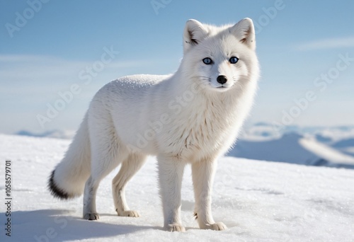 A white Arctic fox stands on snow-covered terrain with a backdrop of snowy hills under a clear sky, showcasing its thick fur and alert posture. Ai generated image.