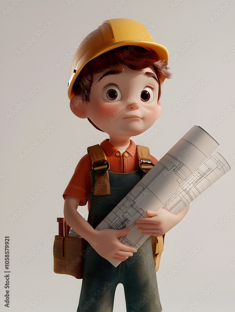 of a young cartoon style construction worker or engineer in a hardhat holding a technical blueprint plan at a building or infrastructure work site