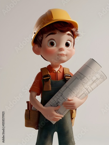 Obraz na płótnie of a young cartoon style construction worker or engineer in a hardhat holding a technical blueprint plan at a building or infrastructure work site w salonie