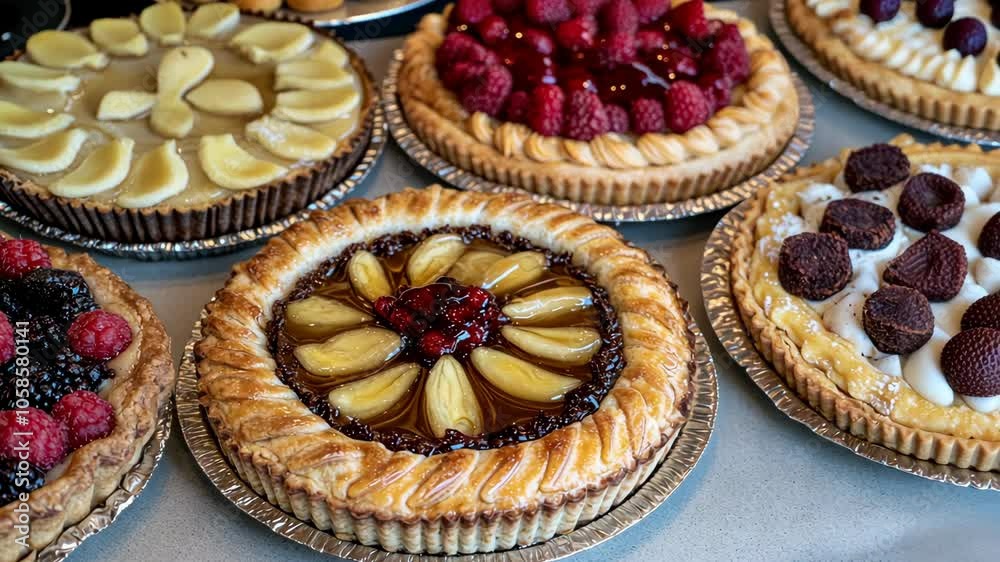 A close-up shot of assorted fruit tarts, each with a unique and beautiful design A close-up shot of assorted fruit tarts, each with a unique and beautiful design