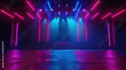 Colorful stage lights creating a vibrant atmosphere in a concert venue.