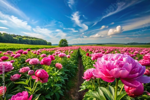 peony field and green rolling field with blue sky photo