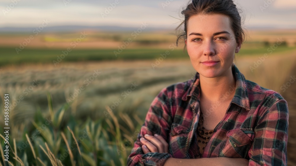 Confident woman standing in a field, wearing a plaid shirt, with arms crossed. Confident woman standing in a field, wearing a plaid shirt, with arms crossed.