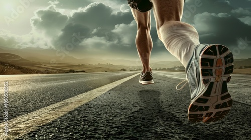 Close-up of runner's dynamic sports shoes