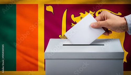 スリランカの国旗の背景と投票箱と投票する手。選挙。(Sri Lanka flag background and ballot box and hand voting. election.)
 photo