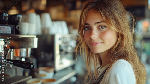 Woman Making Coffee in a Modern Coffee Shop Studio, Morning Routine, European Beauty