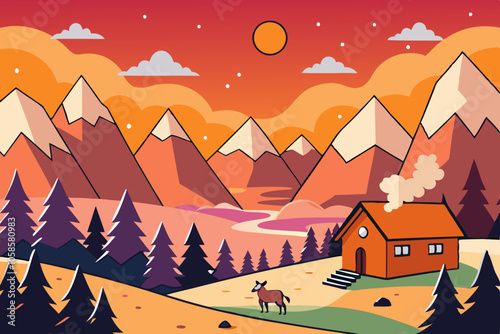 Mountain Sunset Cartoon Scene: Rolling Hills, Snowy Peaks, Cozy Cabin, and Wildlife