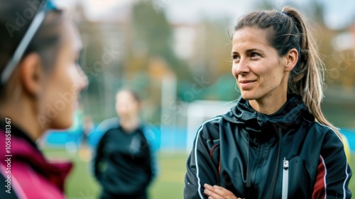 Female coach discussing strategies with player on a sports field. photo