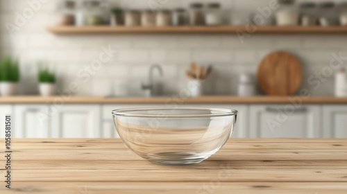 A clear glass bowl set on a wooden kitchen table, showcasing a minimalist kitchen background, ideal for culinary presentations.