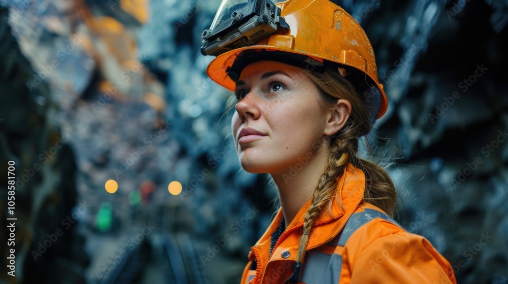 Female miner in safety gear, exploring rocky underground environment. Female miner in safety gear, exploring rocky underground environment.
