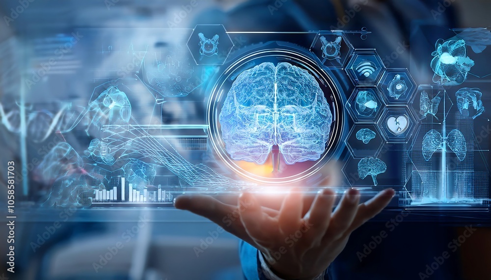 A digital brain hologram with medical icons and data, symbolizing advanced healthcare technology. A digital brain hologram with medical icons and data, symbolizing advanced healthcare technology.