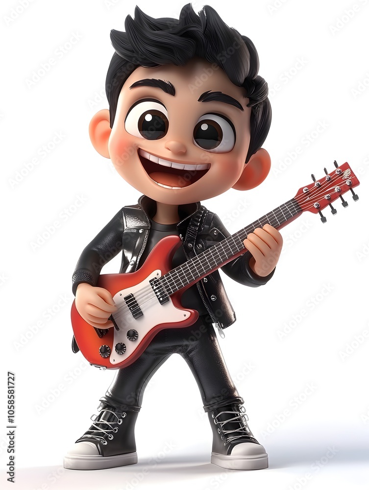 Vibrant 3D Cartoon Style Image of a Young Energetic Boy Dressed as a Musician Performing on Stage with an Electric Guitar Showcasing His Talent and Passion for Music
